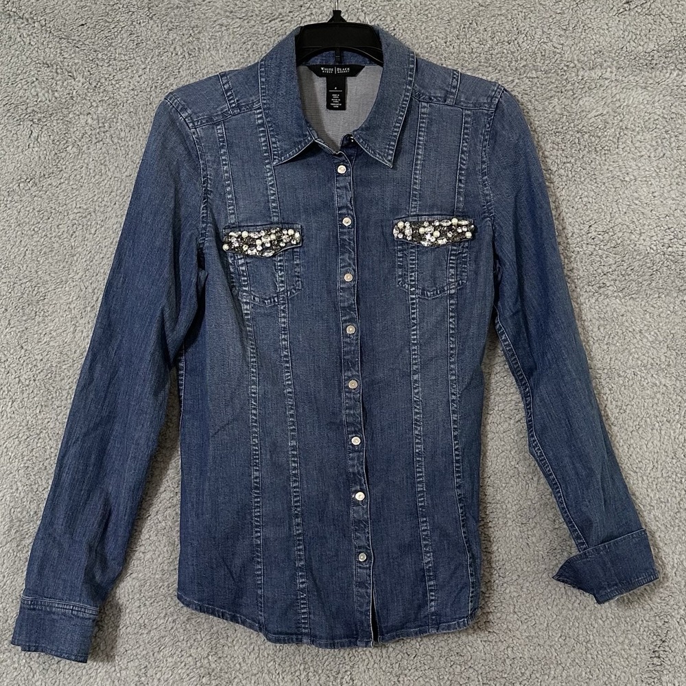 White House Black Market Denim Jeweled Pocket Button Up Shirt Sz 4 Western